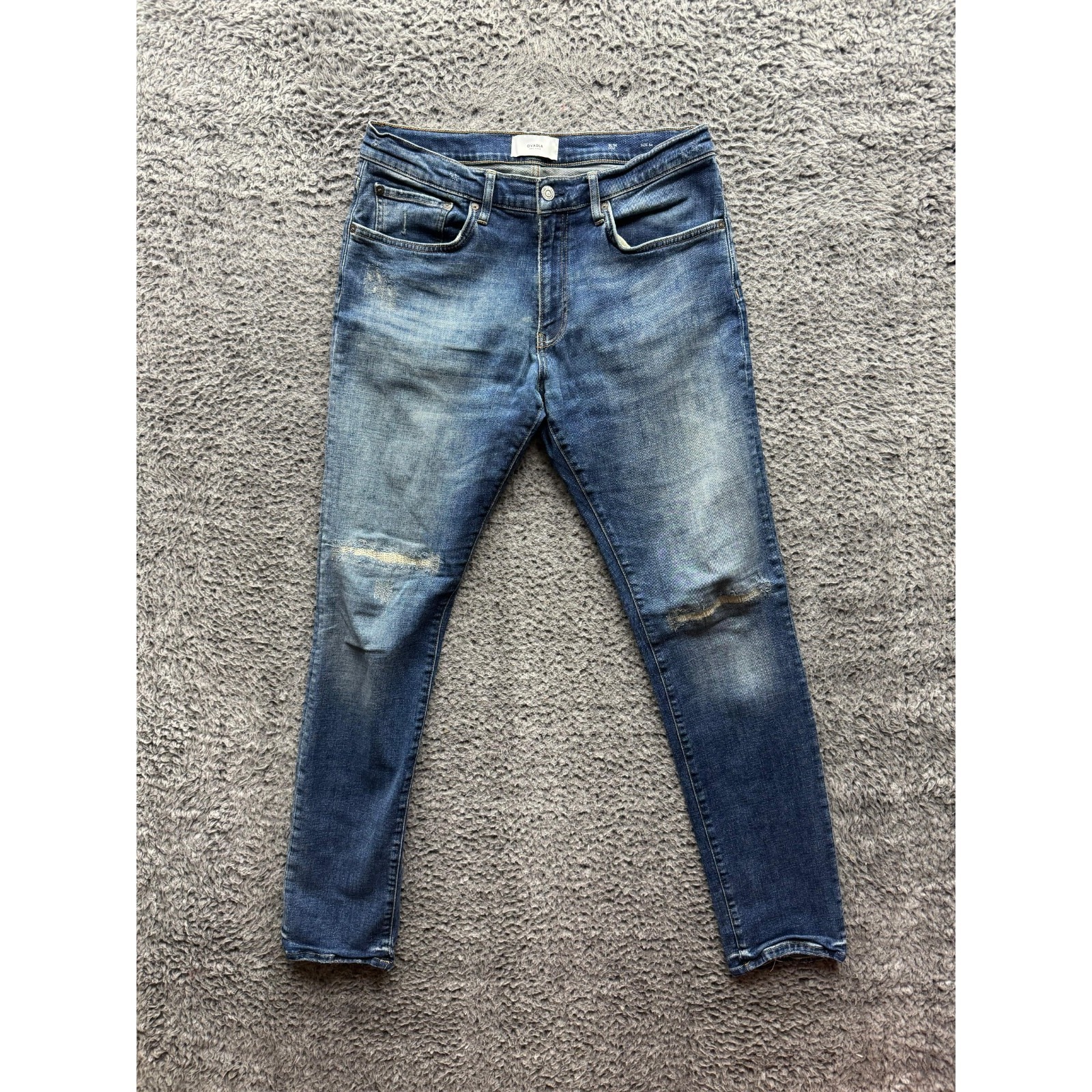 Ovadia New York 002 Slim Fit Distressed Denim Jeans Medium Wash Mens Size 34